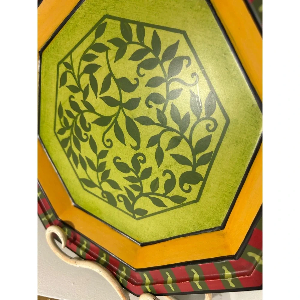 Octagonal Wooden Wall Plaque Hand Painted Green Leaf Vine Red Yellow 12 Inch